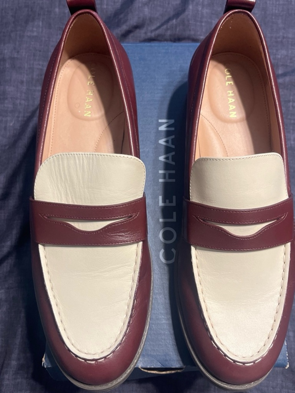 Cole Haan Two-Tone Burgundy and Cream Leather Penny Loafers